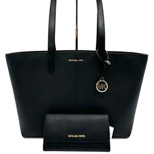 Michael Kors Medium Jet Set Travel Zip Tote Bag & Trifold Wallet Black/Gold